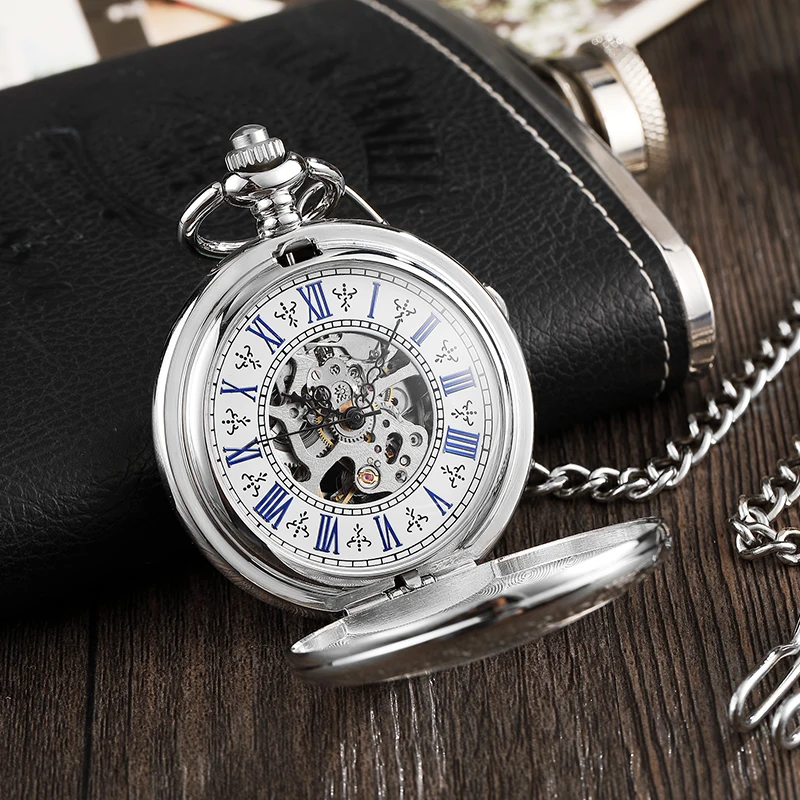 Elegant Mens Mechanical Pocket Watch Retro Ladies Silver Caved Flip Case Fob Chain Watch Hollow Skeleton Steampunk Clock for Men