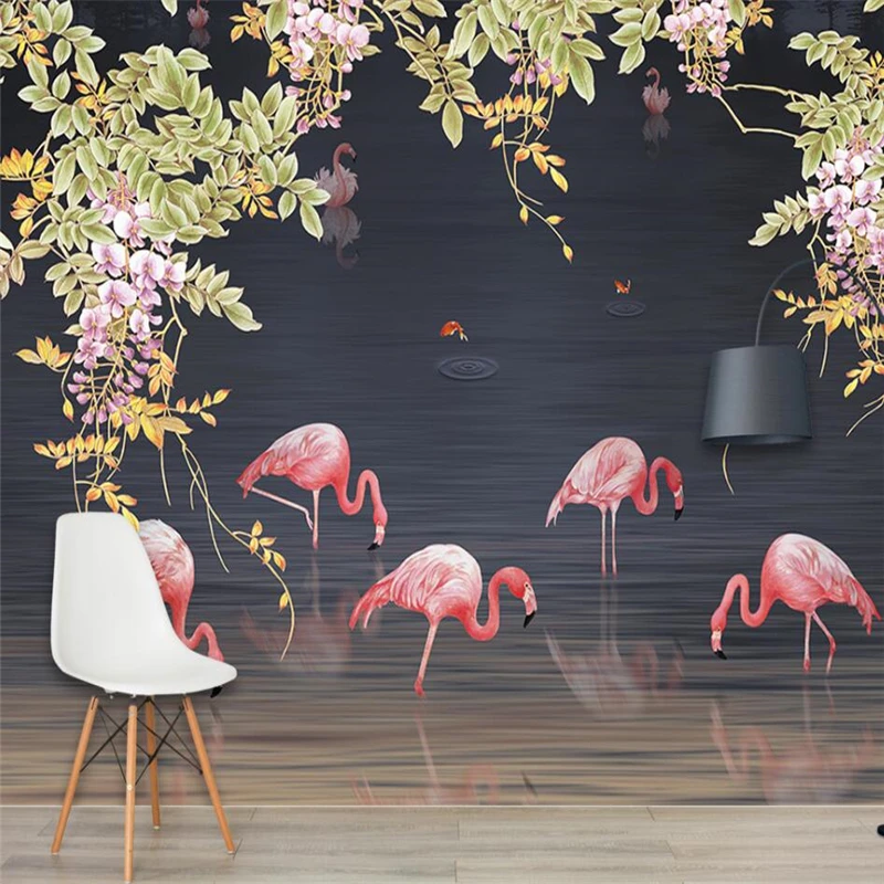 

wellyu Hand painted tropical rainforest flamingo wall custom large mural green wallpaper papel de parede para quarto