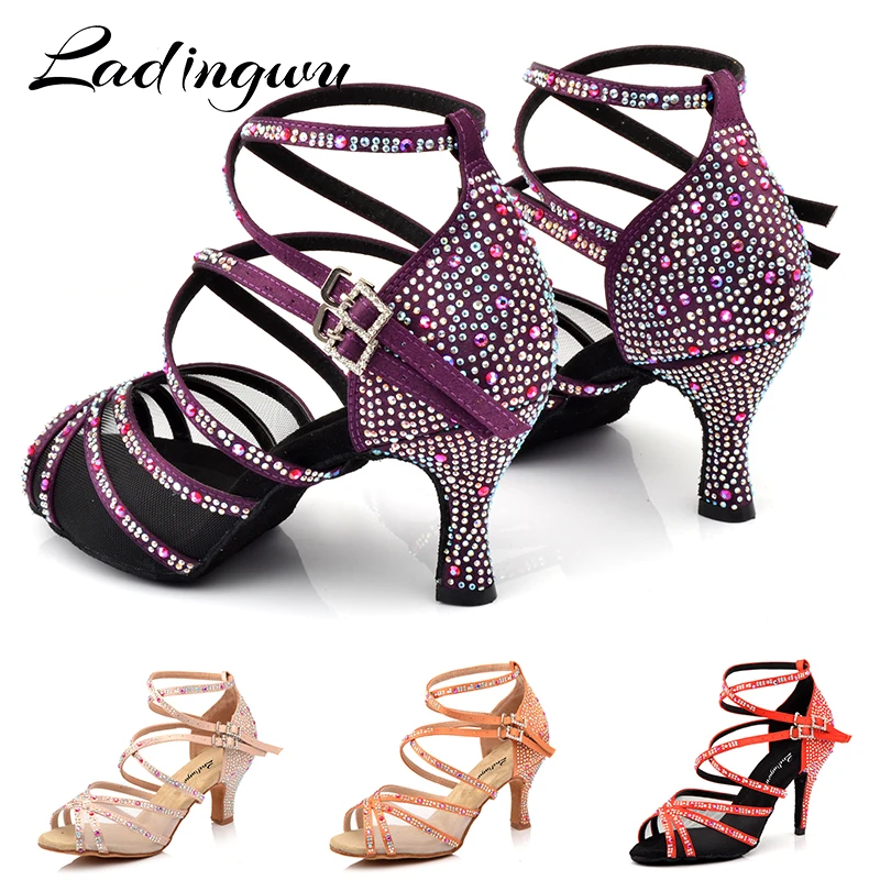 Ladingwu Dance Shoes Women Purple Satin Full Rhinestone Latin Dance Shoes Salsa Women Shoes Dancing Ballroom Professiinal