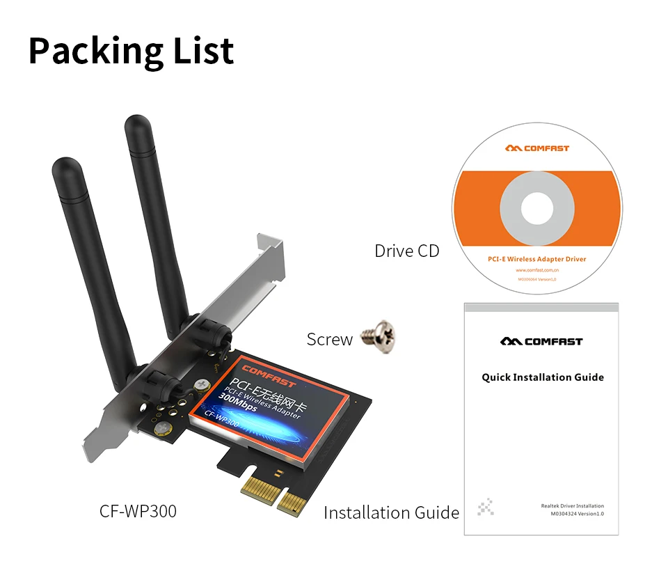 PCI-E Desktop Built-in Wireless Adapter 300Mbps Computer Host WIFI Receiver 2.4G Game Network Card 2*3dBi High Gain Antennas