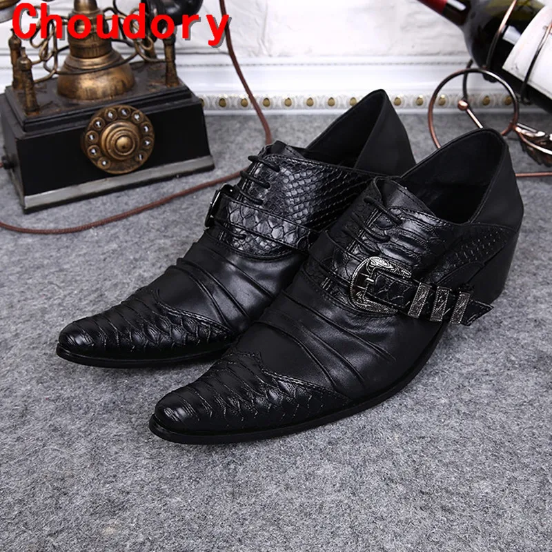 

Zapatos hombre mens shoes high heels pointy wedding shoes black genuine leather formal shoes men snake skin fashion loafers