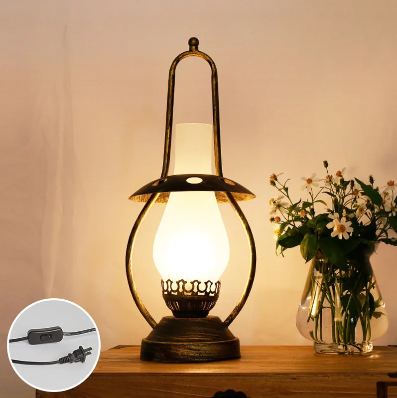 European retro bronzing lamp base frosted glass Table Lamps Antique kerosene lamp E27 LED iron lamp for bar&bedside&foyer LDK021