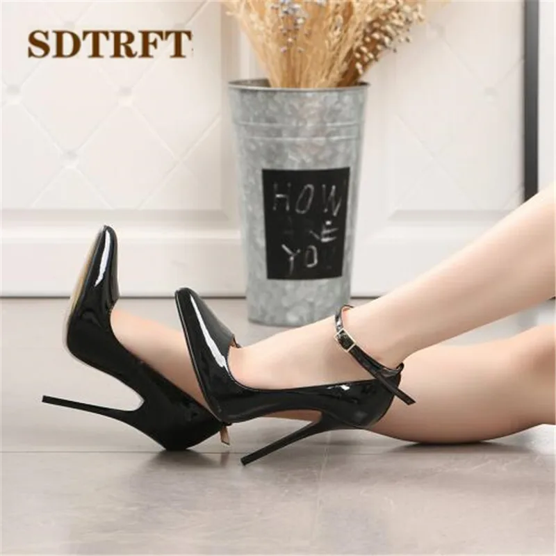 SDTRFT Plus size:US9-16 17 18 Gold Bottoms Patent Leather shoes Red Ankle Strap Pointed Toe Wedding pumps Crossdresser Stilettos