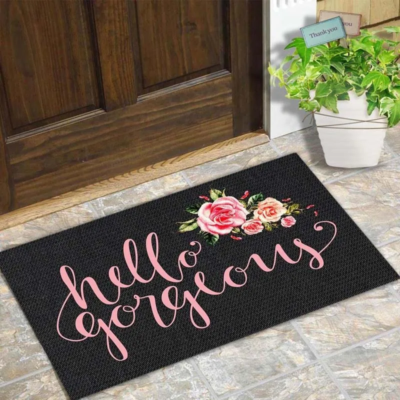 

Door Mat Entrance Floor Mat Hello Gorgeous Flower Designed Funny Indoor Outdoor Doormat Non-woven Fabric Top 18"X30"