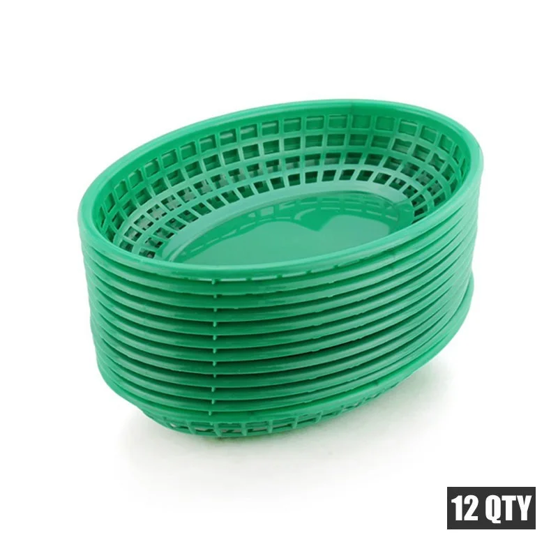 6 -12pcs Oval Food Basket Hamburger Dinner Plates Set Plastic Fast Food Trays Restaurant BBQ Dinner Plate Serving Tray  Green