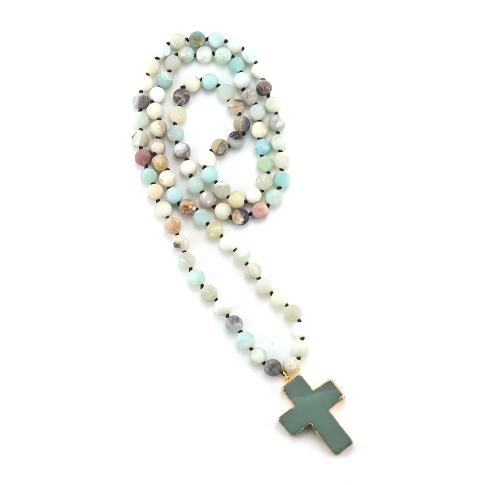 Fashion Bohemian Tribal Jewelry Natural Stones Beads Knotted Stone Jesus Cross Pendant Girl Necklaces Women Ethnic Necklace