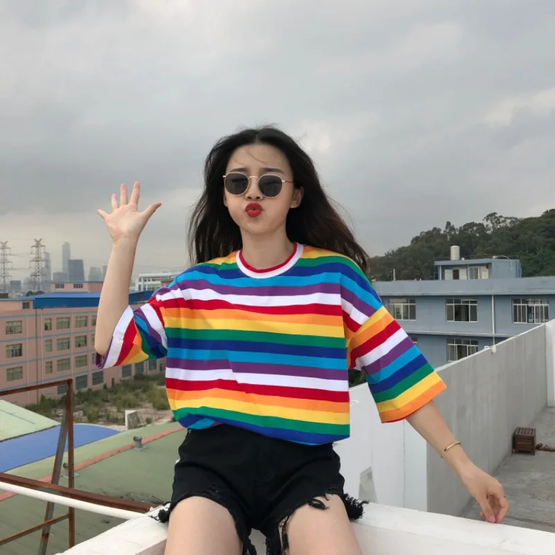 T Shirt Women Rainbow Striped Tops Harajuku Tshirt  Summer Short Sleeve Korean Punk T-shirt camiseta feminina топ image 2