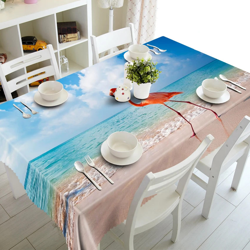 Waterproof Rectangular and Round 3D Tablecloth, Wedding Table Cloth, Merry Christmas, Sea Beach, Blue Sky Pattern, Thicken Cloth