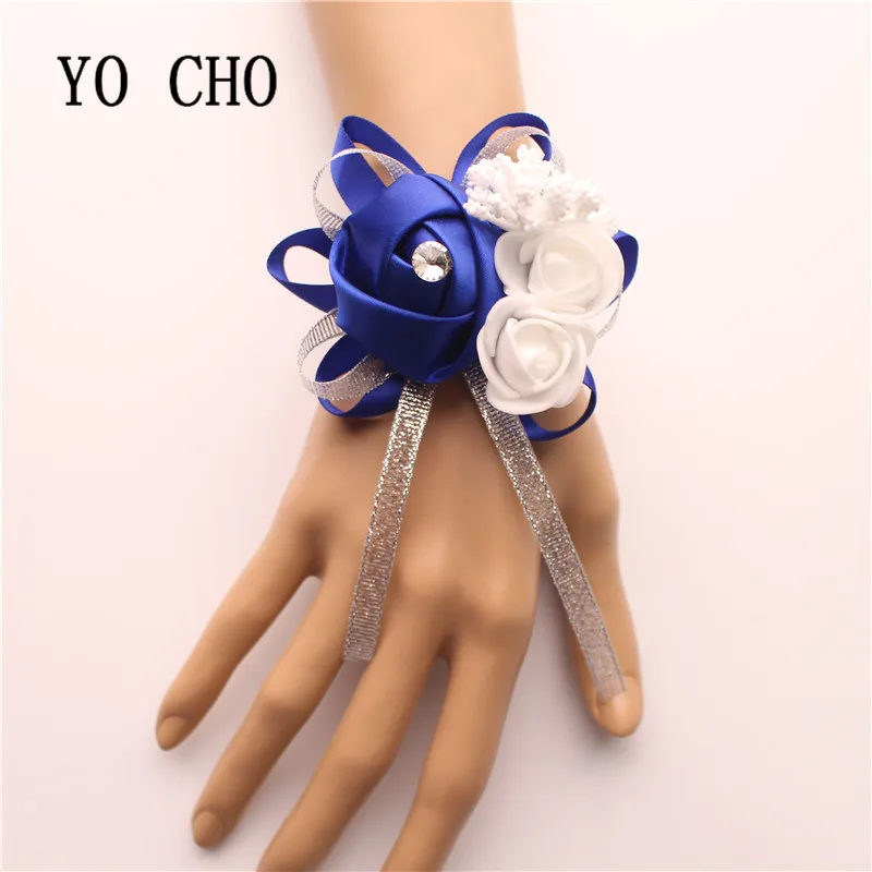 YO CHO 10pc Bridal Hand Flower Wedding Decoration Mariage Rose Wrist Bracelet Silk PE Artificial Brides Bridesmaid Wrist Flower