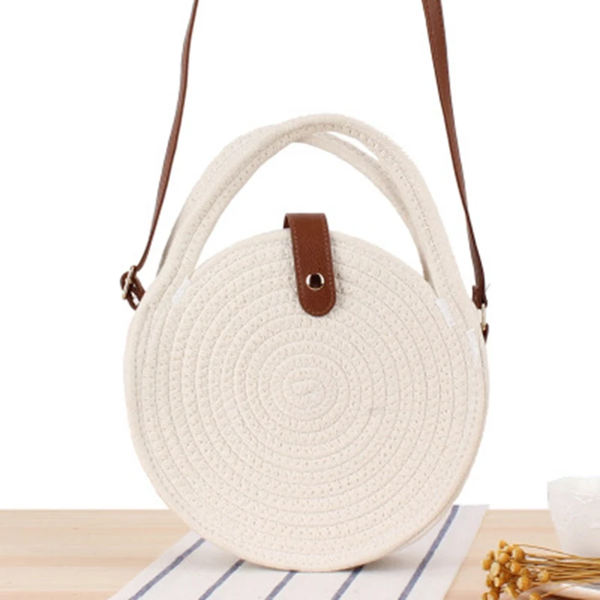 

College wind new round cotton rope shoulder woven bag portable straw bag small round cake slung women's casual beach bag