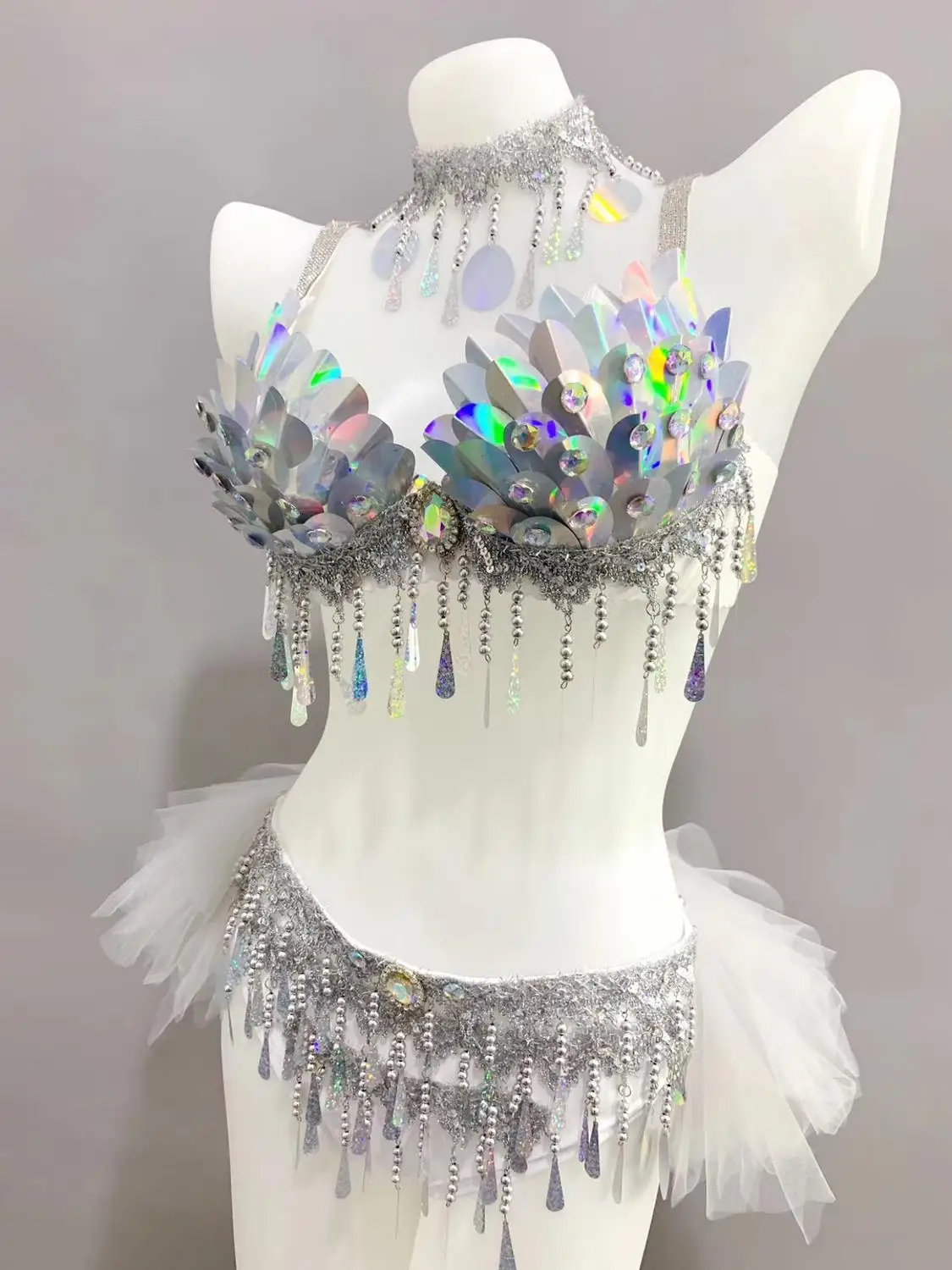 Belly Dance Set Dancer Competition Stage Performance Silver Scale Sequins Bikini Rave Outfit Nightclub Bar Party Costume