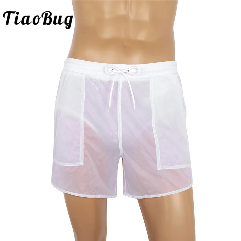 TiaoBug Elastic Waist See-through Drawstring Quick Dry Beach Shorts Men Swimwear Trunks with Built-in Mesh Briefs Bathing Suit