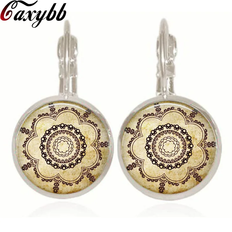 fashion glass cabochon handmade earrings vintage henna yoga tattoo colares femme earring jewelry mandala flower earrings c-e256