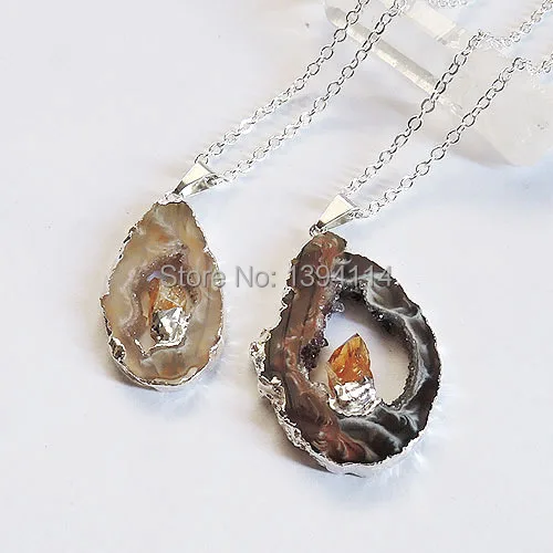 

Natural Agate Geode Slice With Citrine Point Irregular Pendant Necklace Silver Plated 32-45mm