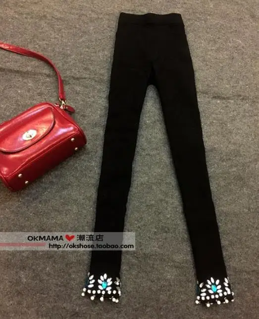 spring summer national style pearls women skinny rhinestones ankle length leggings