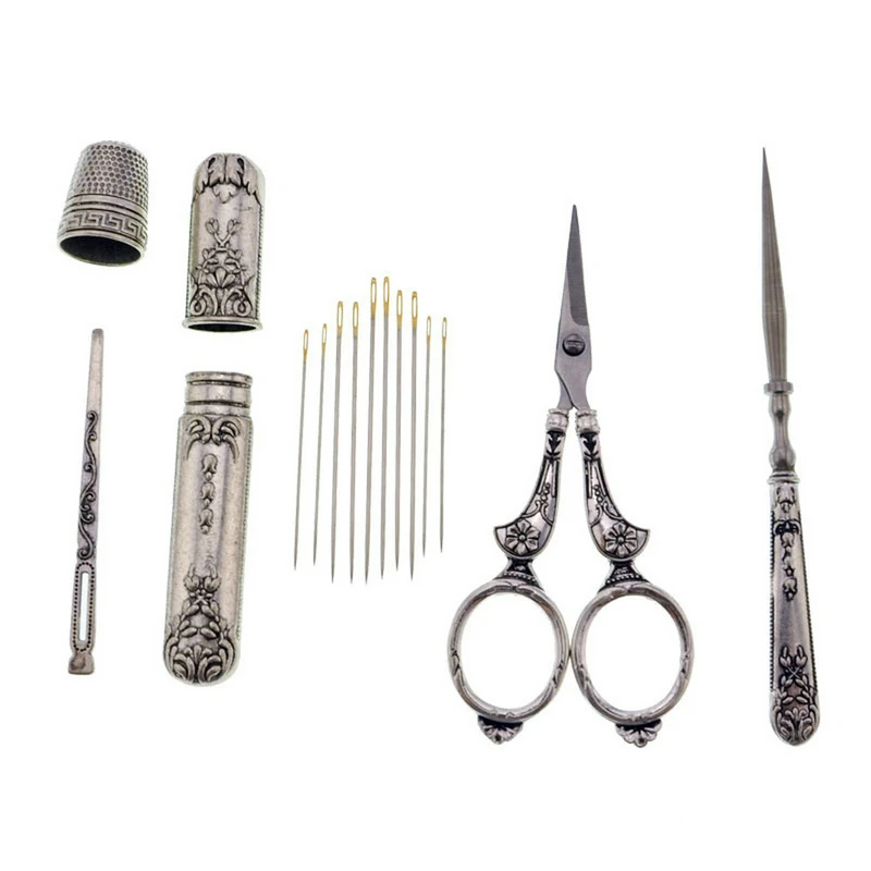 

1 Set Vintage Embroidery Scissor Needle Case Sewing Thimble Awl Needlework Tools