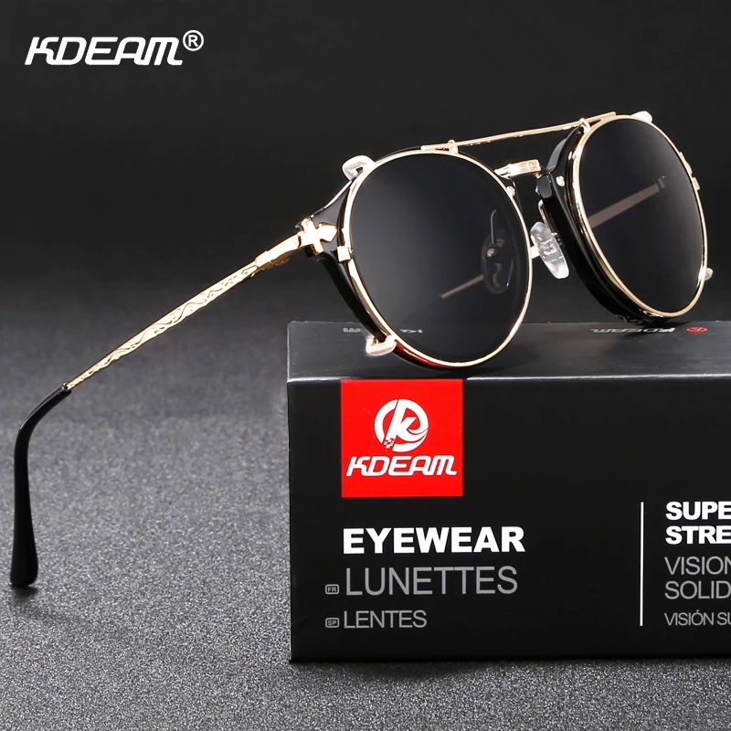 

Kdeam Happy Clip On Sunglasses Men Removable Round Glasses Steampunk Women Carve Design Sunglass With Brand Box