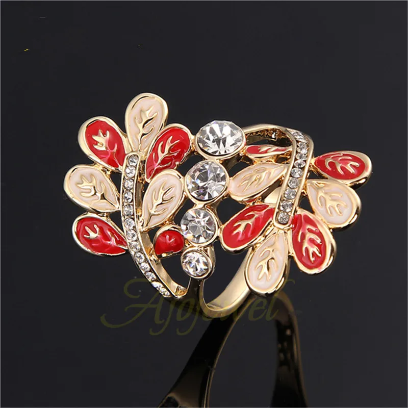 

Ajojewel Purple/Pink/Red Enamel Flower Leaf Ring Woman Large Size CZ Finger Jewelry Exaggerated Banquet Gift