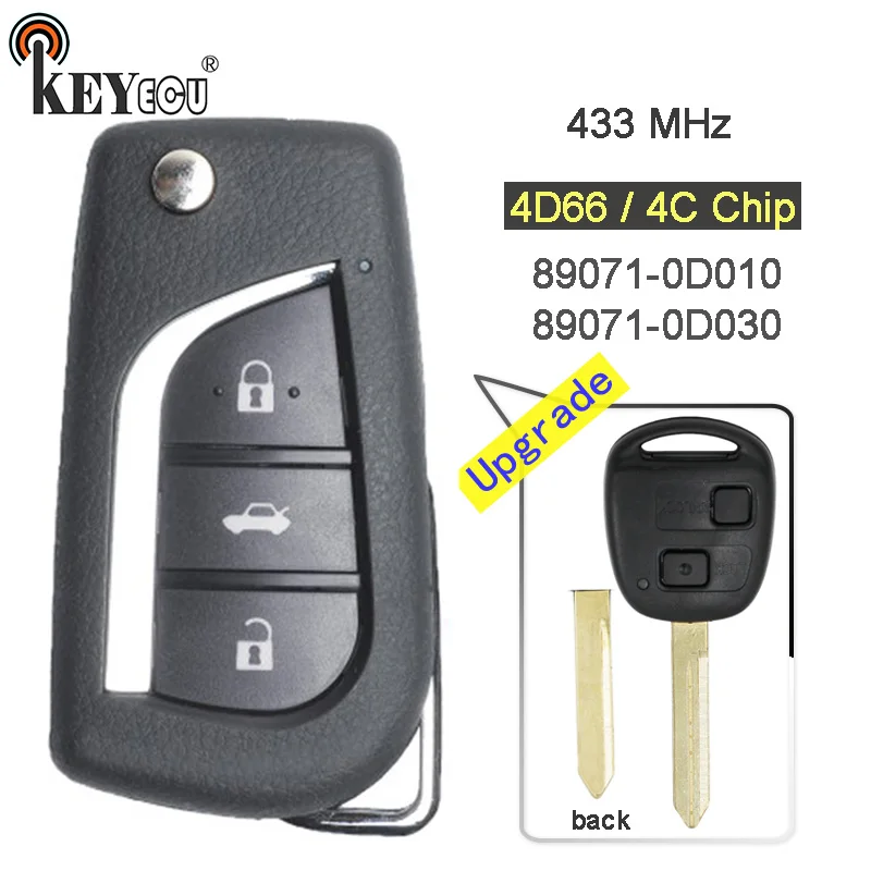 KEYECU 433MHz 4D66/ 4C Chip P/N: 89071-0D010/ 89071-0D030 Upgraded Flip Folding 2 Button Remote Key Fob for Toyota Yaris Avensis