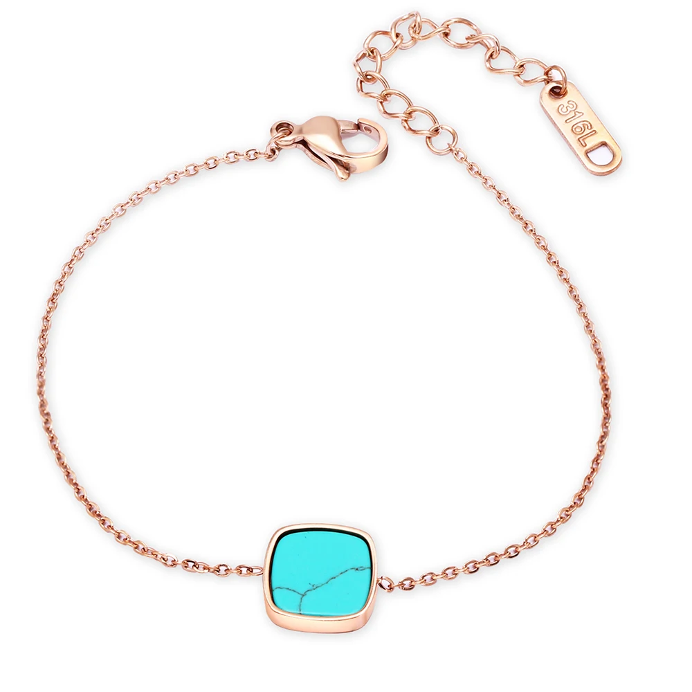 

Rose Gold Color Chain Charms Bracelet with Square Black Blue Turquoises Stones Stainless Steel 316 for Women