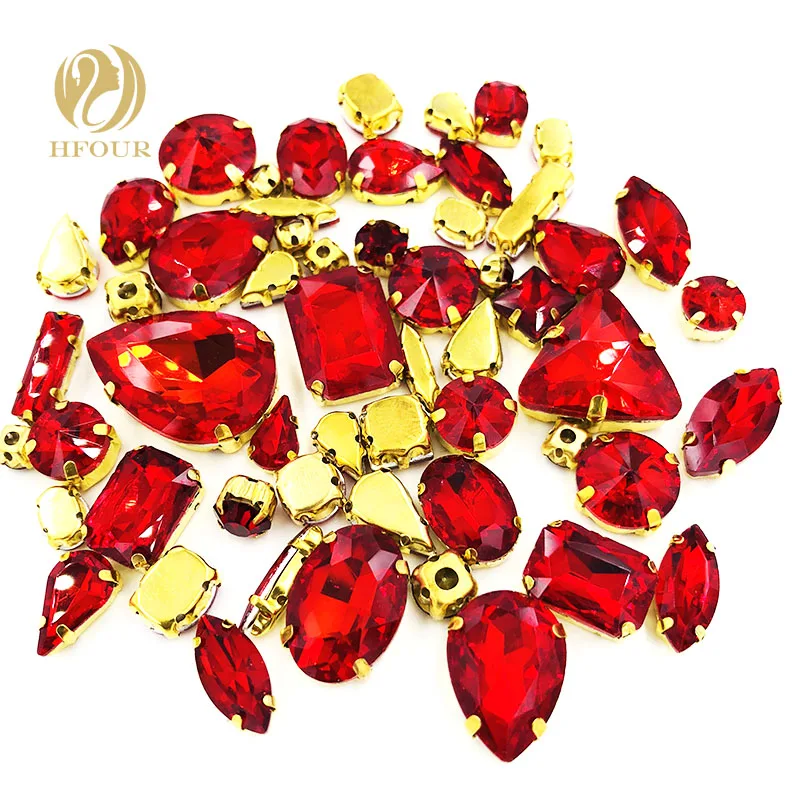 

Free shipping Gold base mixed shape mix size red glass crstal flatback sew on rhinestones DIY Garment/ Shoes/Bag Accessories