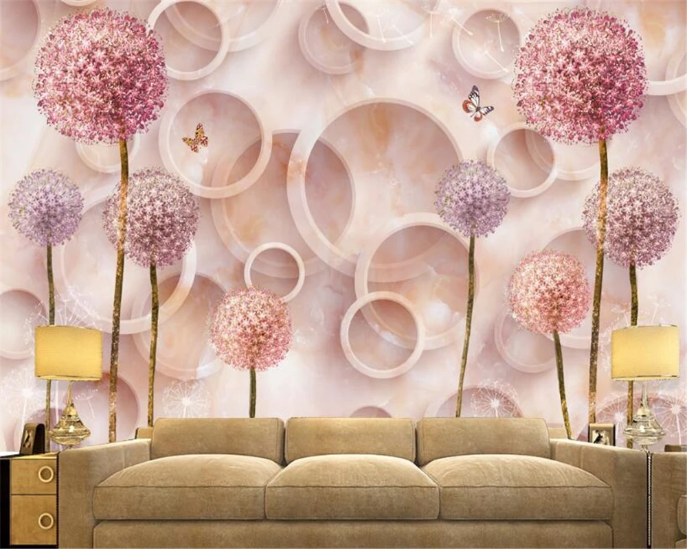 

Beibehang 3D Wallpaper European Aesthetic Marble Circle Dandelion Background Wall Living Room Bedroom TV Background Mural photo