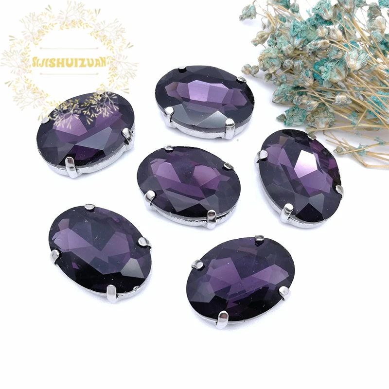 Silver Claw Setting 30pcs/Bag  Deep Purple Oval Shapes Mix Clear Gass Crystal Sew On Rhinestone Wedding Dress Shoes Bag Diy Trim