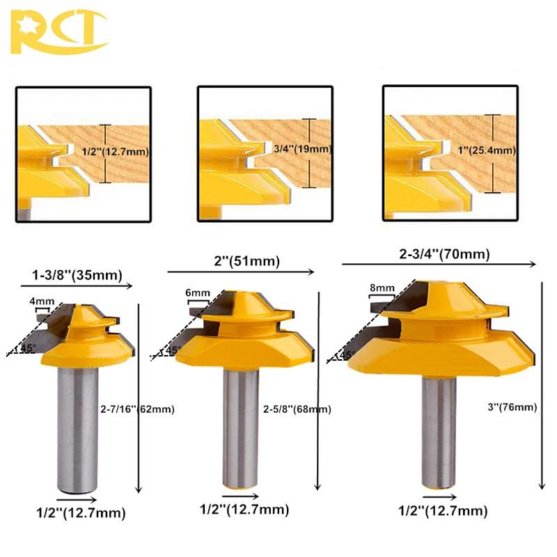 RCT 45 Degree Lock Miter Router Bit 1/2'' Shank Tenon Cutter Milling Cutters For MDF Plywood Wood Cutter Woodworking Tools