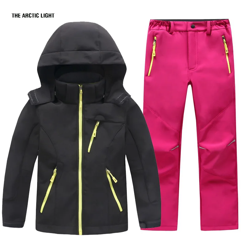 TRVLWEGO Herbst Kinder Camping Wandern Mantel Und Hose Set Kapuze Winter Student Winddicht Wasserdichte Outdoor Ski Jacke Hosen – Detail 4