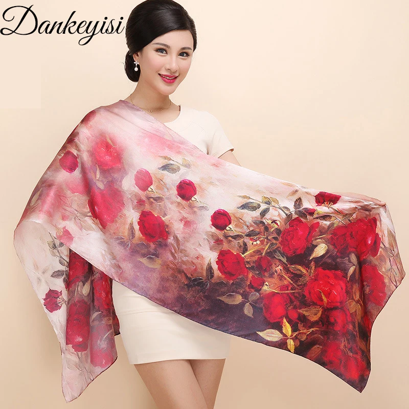 

DANKEYISI Women Mulberry Silk Scarf Shawl Spring Autumn Female Genuine Silk Scarves Long Printed Shawls Beach Cover-ups 172*55cm