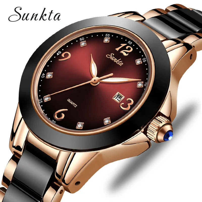 2022 SUNKTA Brand Fashion Watch Women Luxury Ceramic And Alloy Bracelet Analog Wristwatch Relogio Feminino Montre Relogio Clock