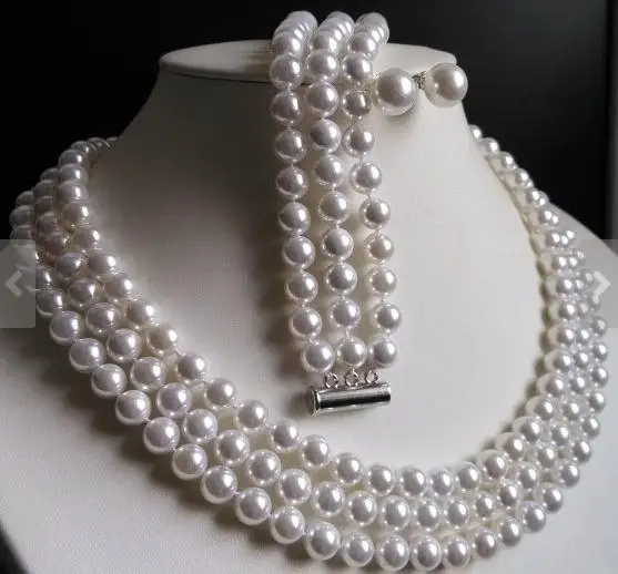 Birthday Jewelry 3 Rows 17-19inches 8mm White Shell Pearl Necklace Bracelet 10mm Earrings Wedding Party Jewelry Set