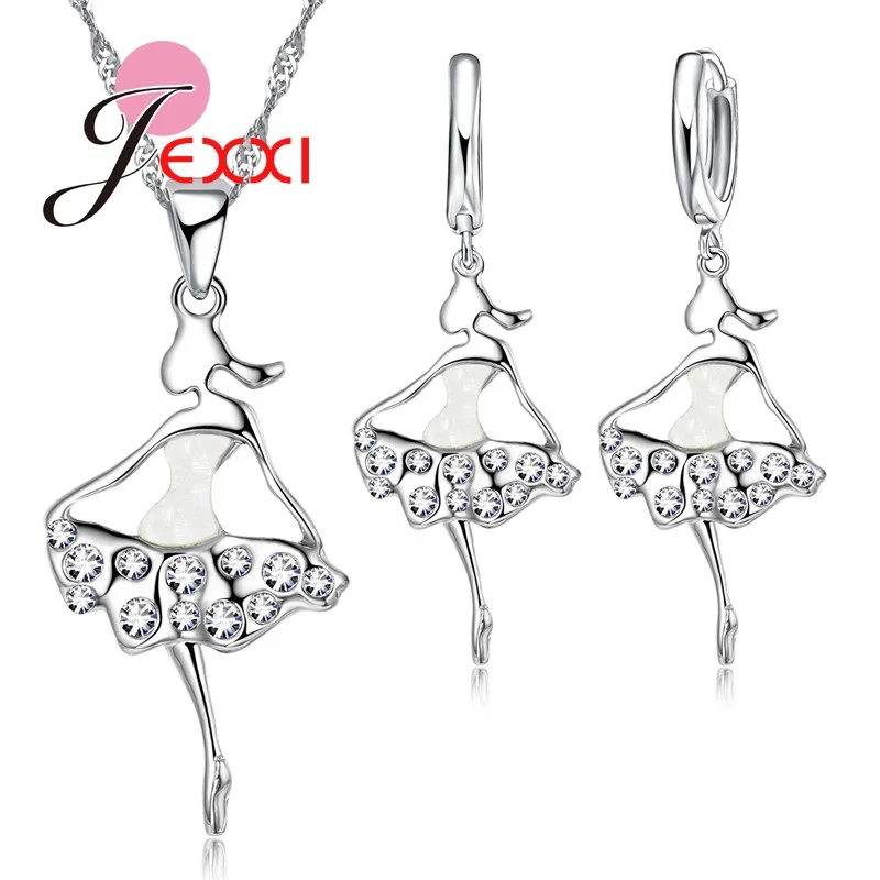 Ponytail Rhinestone Dress Ballet Girl Necklace Earrings Cute Doll Pendant Fashion Woman 925 Sterling Silver Color Jewelry Set