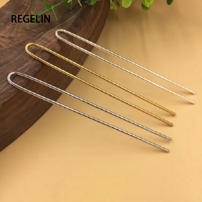 REGELIN Silver color /Gold Color Hair Sticks U shape Hair Pins Blank Base Setting 10pcs/lot 2mm*110mm For Women Jewelry Bulks