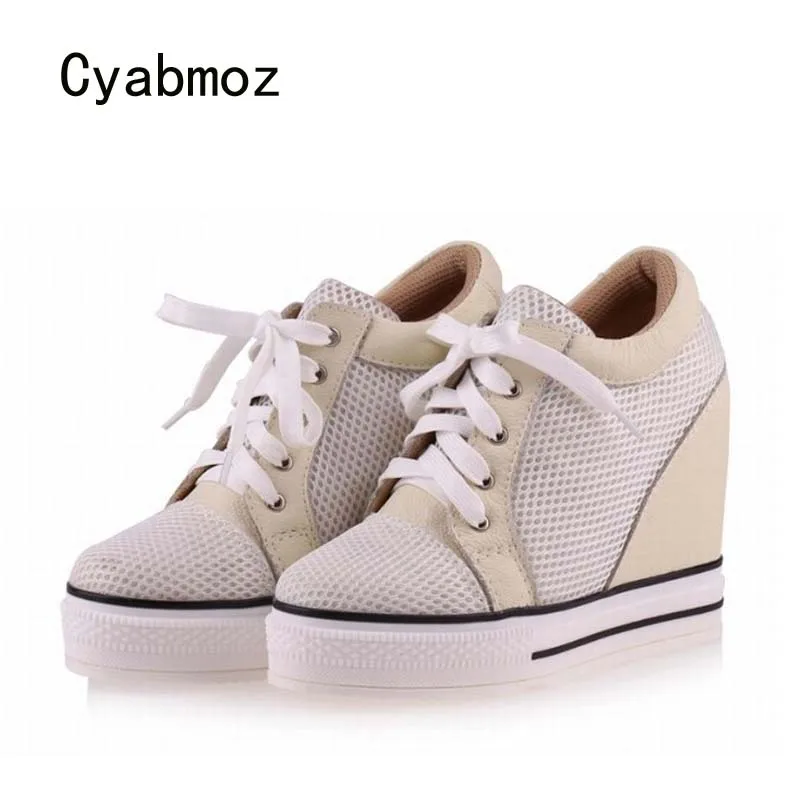 

Cyabmoz Fashion Women High heels Platform Wedge Shoes for Woman Height increasing Breathable Lace up Low top Ladies Casual shoes