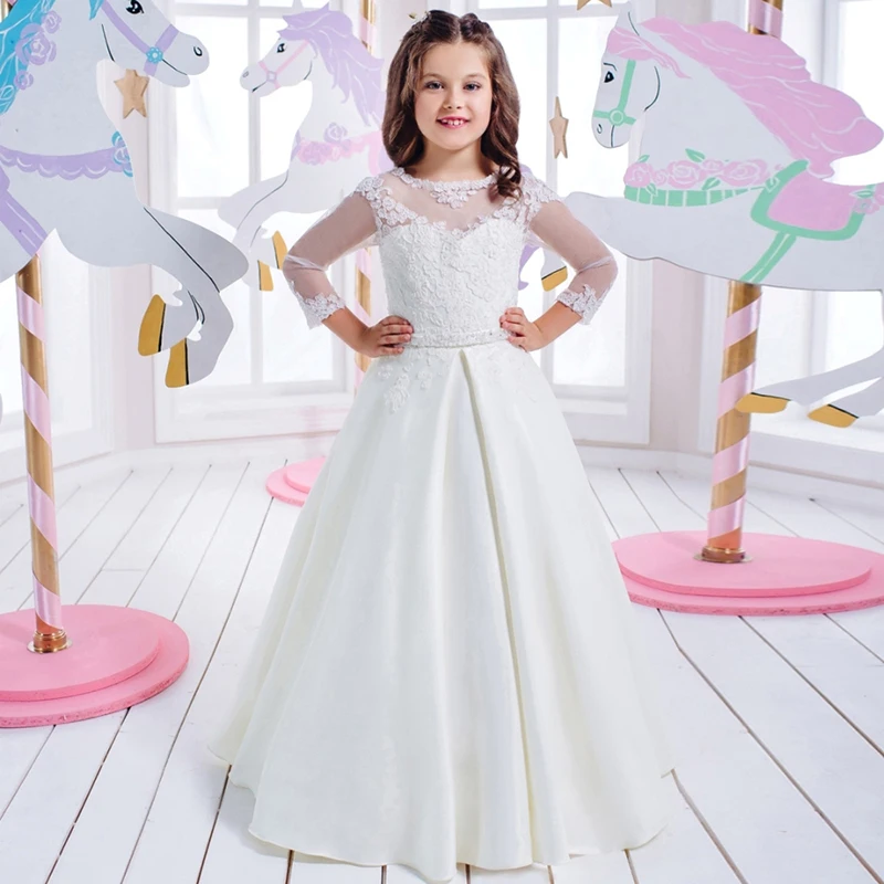 Long Sleeves Open Back Lace Appliqued First Communion Dresses Flower Girls Dresses For Weddings Girls Princess Party Prom Gowns