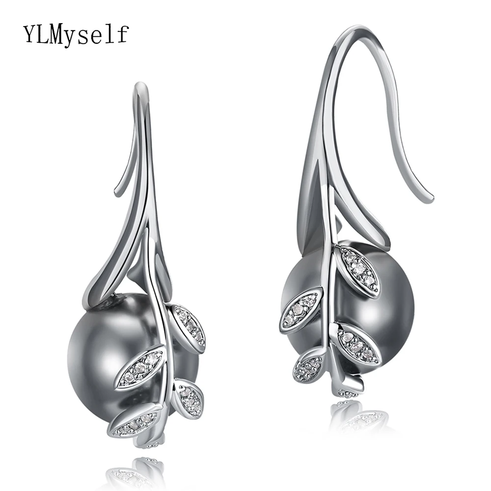 Dropshipping RoseGgold plate pave grey pearl & cubic zircon crystal Wholesale cheap jewelry lots Dangling earrings for women