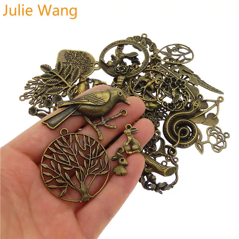 Julie Wang 10PCS Randomly Mix Birds Animal Leaf Flower Charms Antique Colors Necklace Bracelet Jewelry Making Accessory