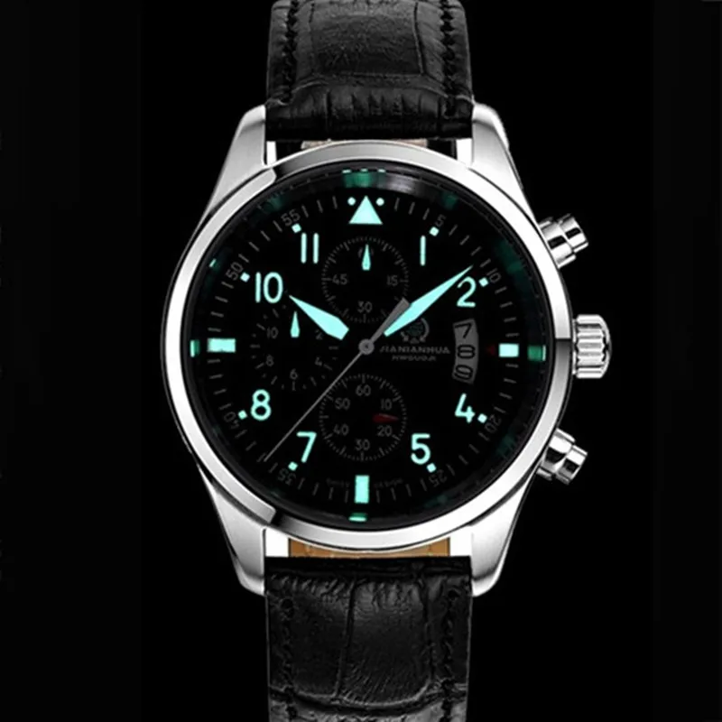 Imagem -02 - Cronógrafo Luminoso Militar Correndo Esporte Aço Completo Homens Parar Relógio Pulseira de Couro Genuíno Marca Luxo Relógios Safira Reloj