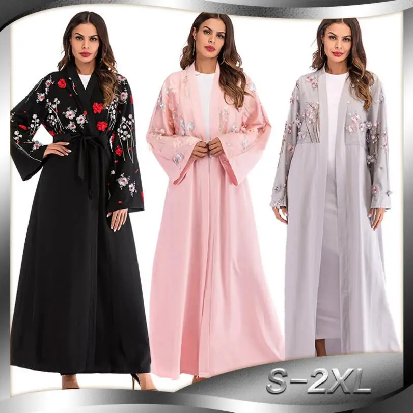 Fashion Three-dimensional flower embroidery Muslim Abaya Dress Loose Cardigan Long Robe Gowns Islamic Clothing a898