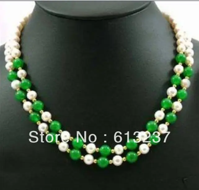 hot free Shipping new 2014 Fashion Style diy Wonderful 2 rows White Akoya Pearl & Chalcedony jades Necklace 17-18 