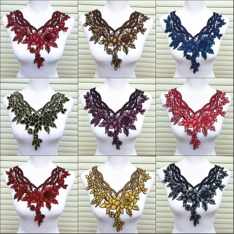 1pc Colorful Flower Lace Fabric Dress Applique Motif Blouse Sewing Trims, DIY Neckline Collar Costume Decoration