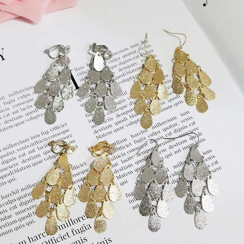 Bohemian Ethnic Luxury Waterdrop Sequins Multilayer Long Clip Earrings No Pierced For Women Wedding Party Dangle  Ear Clips