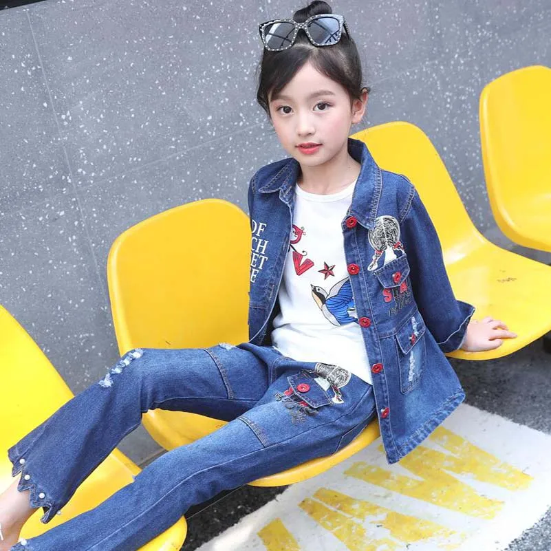 Kids Clothes Boys Girls Denim Clothing Sets Chidlren Cartoon Flowear Warm Jacket Kids Jeans Teenage Active Costume Sets Pants