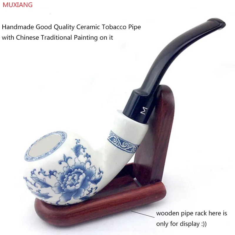 MUXIANG Handmade Ceramic Pipe Bending Type Blue and White Porcelain Smoking Pipe Double Insulation Clay Fugu Tobacco Pipe an0001