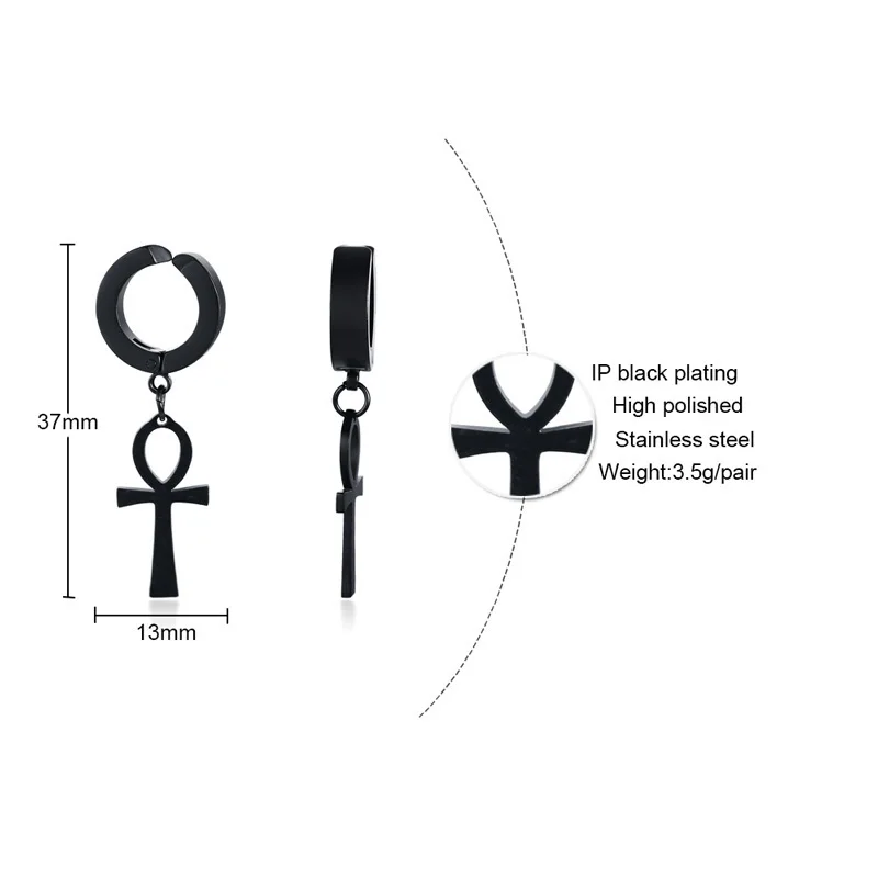 Eternal Cross Egypt Cleopatra Ankh Earrings for Men Jewelry Antiqued Black Stainless Steel Egyptian Queen Ankara Earing image 3
