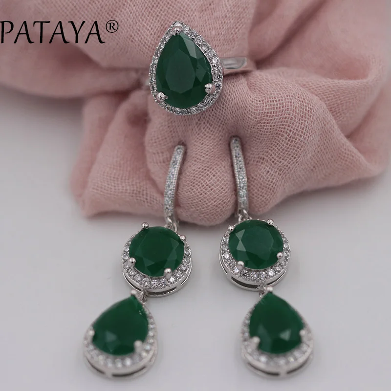 

PATAYA New Women Wedding Party Trendy Jewelry Set Water Drop Natural Zirconia Earrings Ring Sets True White Gold Color Jewelry