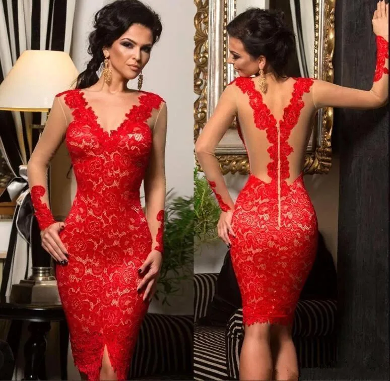 Vestidos de cocktail vermelho bainha profunda decote em v mangas compridas rendas na altura do joelho vestidos de baile elegantes