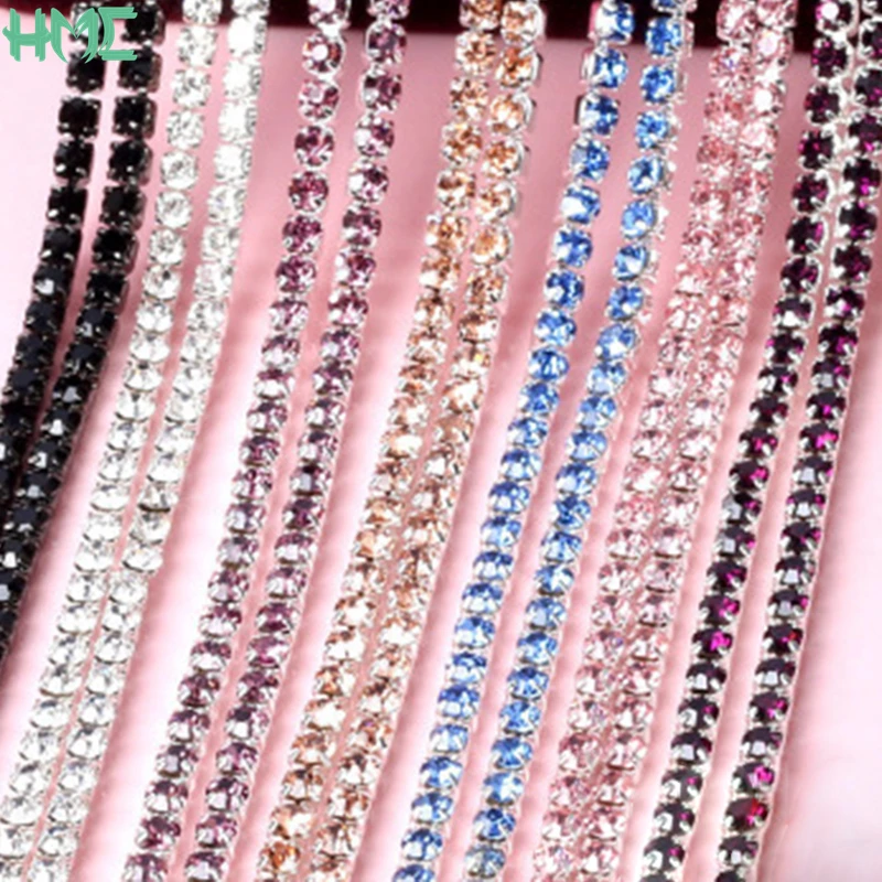 Hot Sale 1M/lot 2/2.5/2.8/3mm Rhinestone Chain Silver Base Crystal Rhinestone Trim For Wedding Party Decoration & Jewelry Making