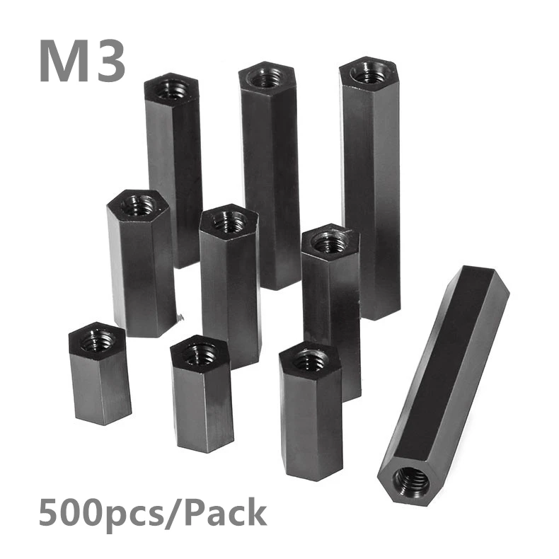 500pcs M3 Hexagon Black Nylon Standoff Spacer M3x5/6/8/10/12/15/18/20/22/25mm nylon flat hex spacer for PCB Board pillar